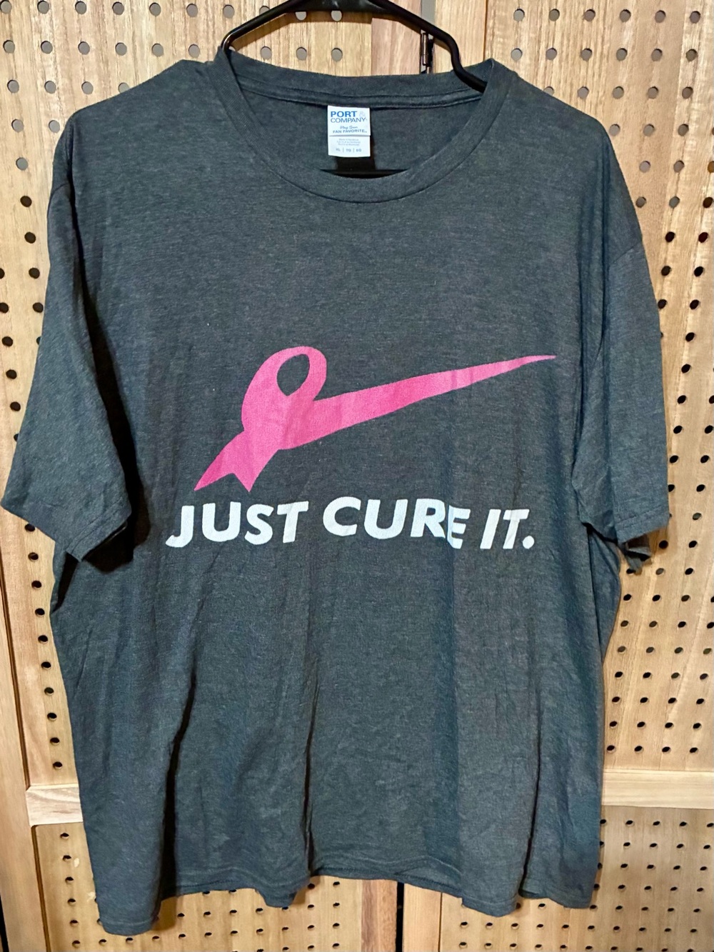 Gray Graphic Tee with Pink Ribbon & White Text XL